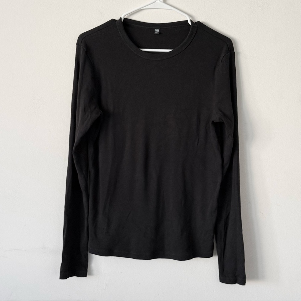 Uniqlo Black Soft Thin Ribbed Long Sleeve Top Sweater - Medium